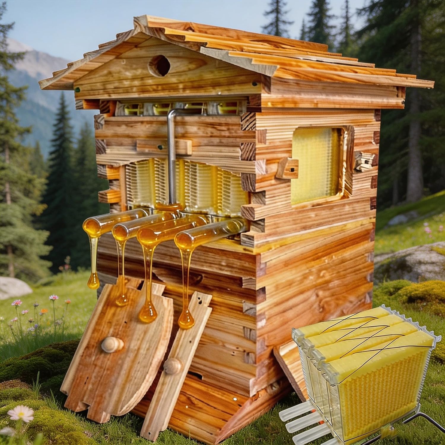 Beehive Frame Wax - 2-in-1 houten bijenkast met automatische honingafvoer,
